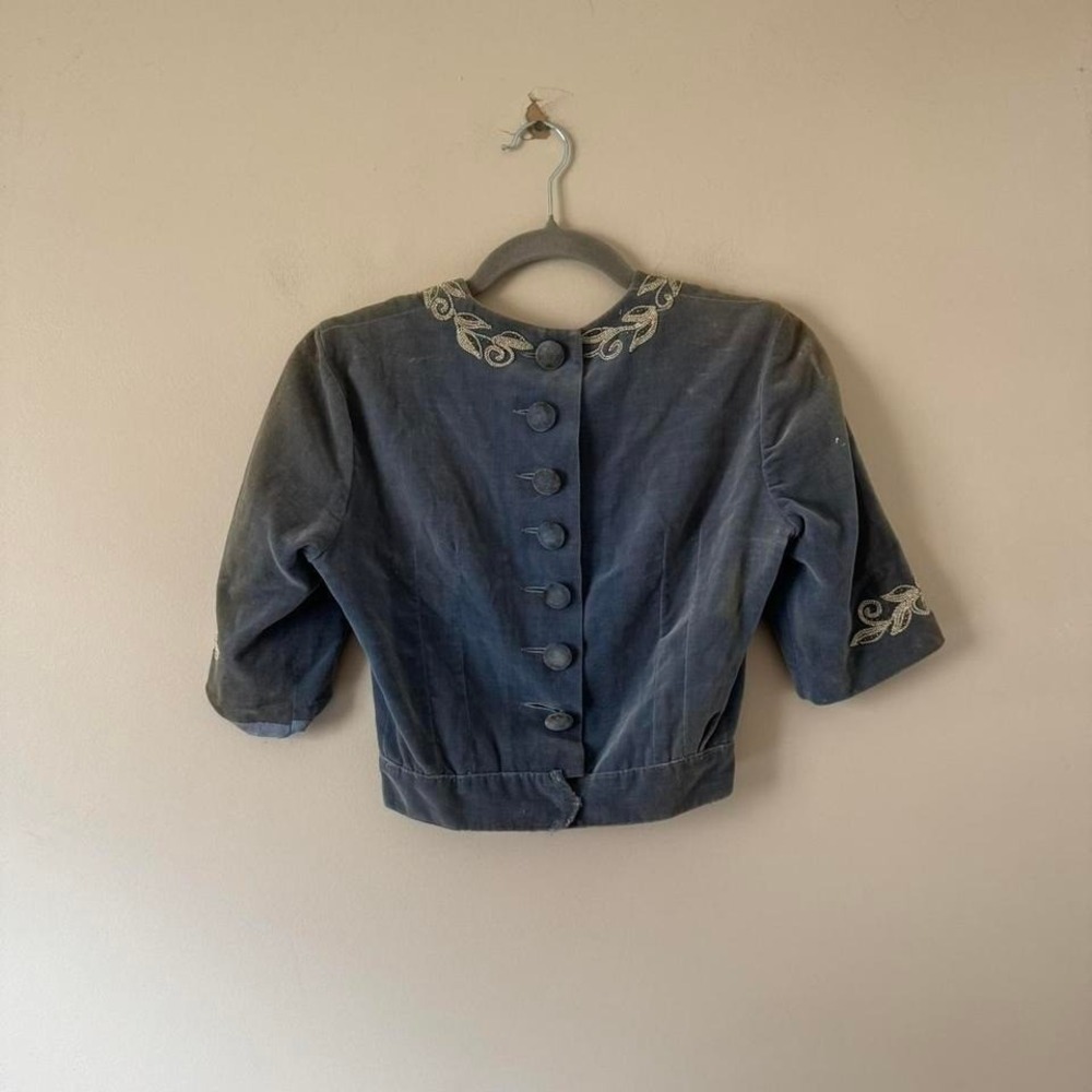 Antique Velvet Blouse XS - AS IS sunfaded covered buttons embroidery blue square - Picture 3 of 8
